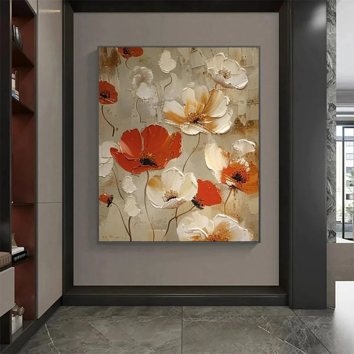 CRIMSON FIELDS: Textured Poppy Painting, Red and White Floral Wall Art, Square Canvas, Romantic Decor | Abstract closeup, raised brushwork detail