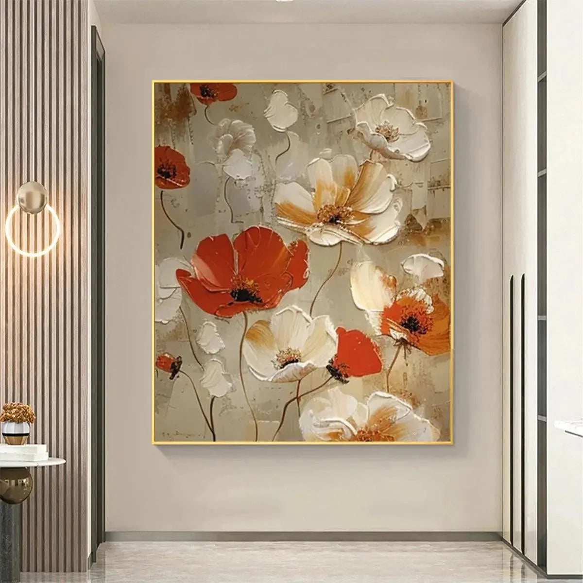 CRIMSON FIELDS: Textured Poppy Painting, Red and White Floral Wall Art, Square Canvas, Romantic Decor | gold frame stretched on neutral wall
