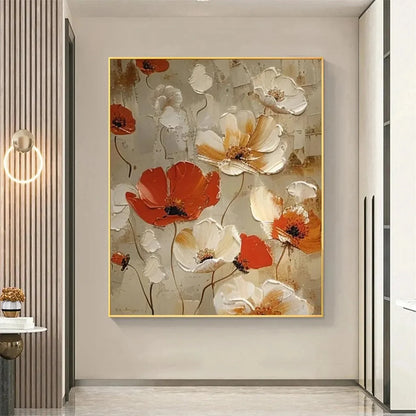 CRIMSON FIELDS: Textured Poppy Painting, Red and White Floral Wall Art, Square Canvas, Romantic Decor | gold frame stretched on neutral wall