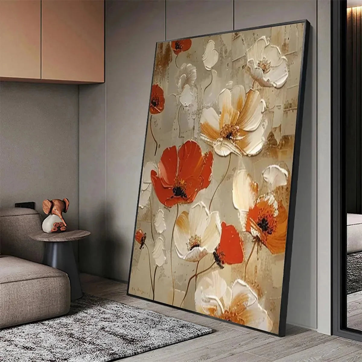 CRIMSON FIELDS: Textured Poppy Painting, Red and White Floral Wall Art, Square Canvas, Romantic Decor | rolled canvas, ready for custom framing