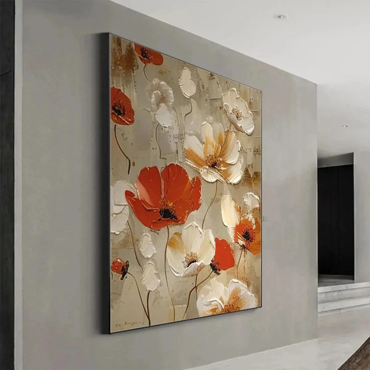 CRIMSON FIELDS: Textured Poppy Painting, Red and White Floral Wall Art, Square Canvas, Romantic Decor | Abstract mood, soft natural light studio shot
