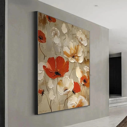 CRIMSON FIELDS: Textured Poppy Painting, Red and White Floral Wall Art, Square Canvas, Romantic Decor | Abstract mood, soft natural light studio shot