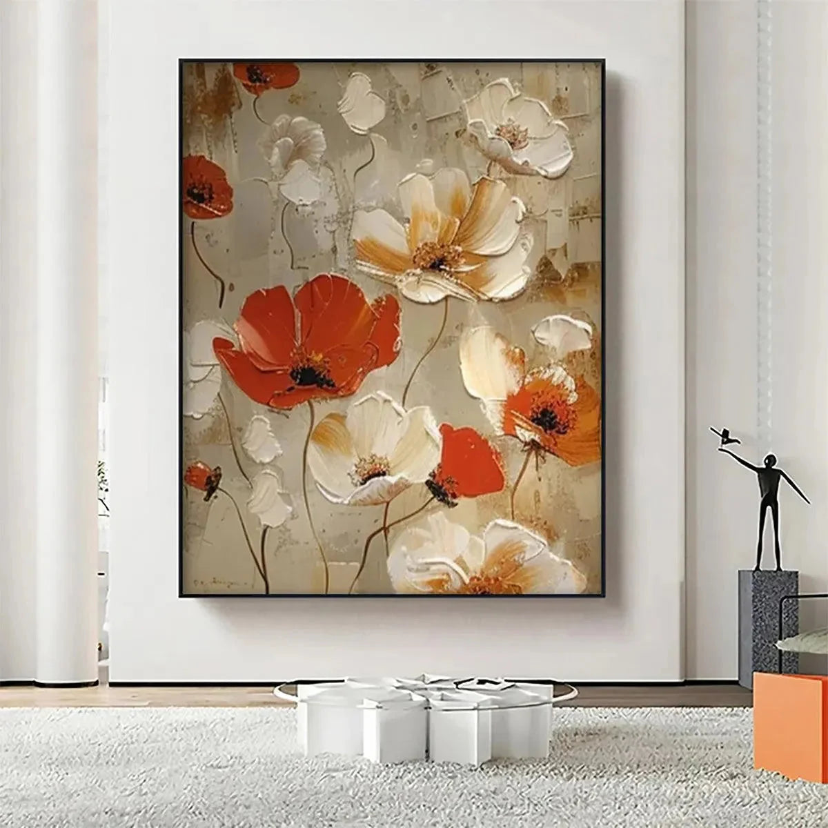 CRIMSON FIELDS: Textured Poppy Painting, Red and White Floral Wall Art, Square Canvas, Romantic Decor | beige palette, original Hand-painted on premium stretched canvas using artist-grade oils; ric...