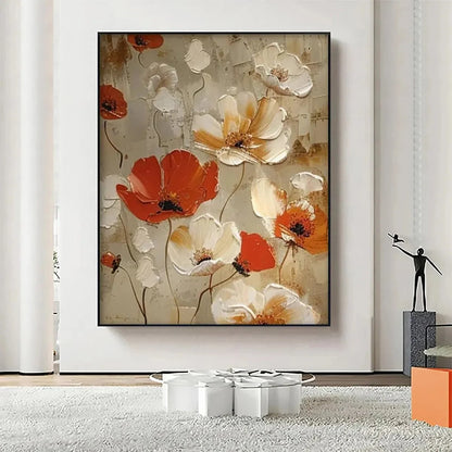 CRIMSON FIELDS: Textured Poppy Painting, Red and White Floral Wall Art, Square Canvas, Romantic Decor | beige palette, original Hand-painted on premium stretched canvas using artist-grade oils; ric...