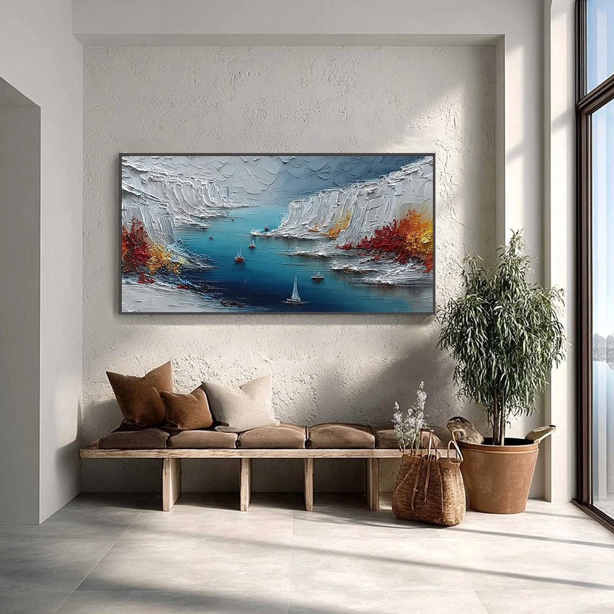 CRIMSON FJORD: Heavily Textured Palette Knife Coastal Landscape Painting | Landscape closeup, raised brushwork detail