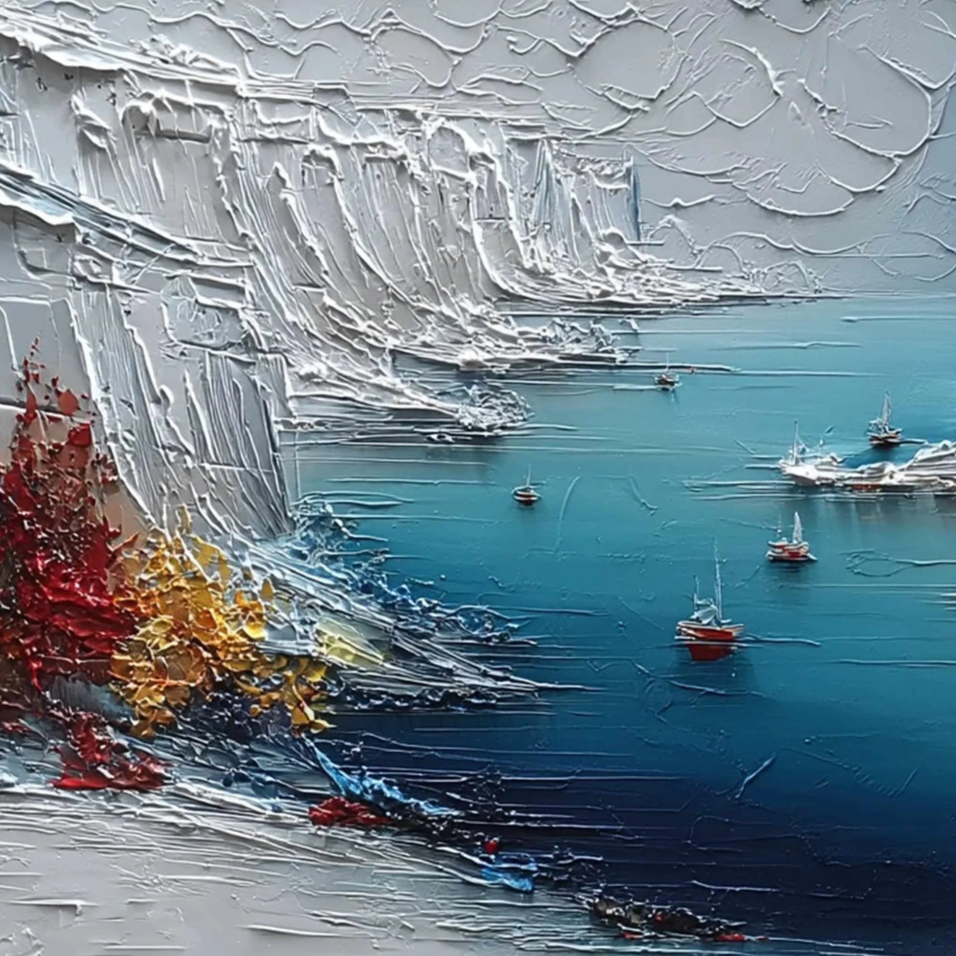 CRIMSON FJORD: Heavily Textured Palette Knife Coastal Landscape Painting | rectangular format, hand-painted canvas edge