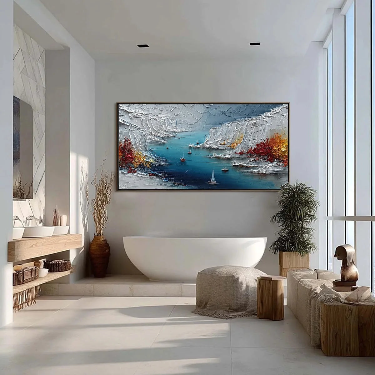 CRIMSON FJORD: Heavily Textured Palette Knife Coastal Landscape Painting | gold frame stretched on neutral wall