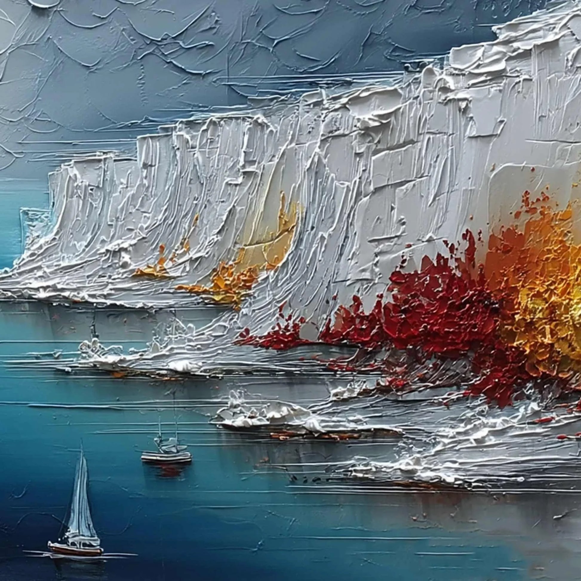 CRIMSON FJORD: Heavily Textured Palette Knife Coastal Landscape Painting | rolled canvas, ready for custom framing