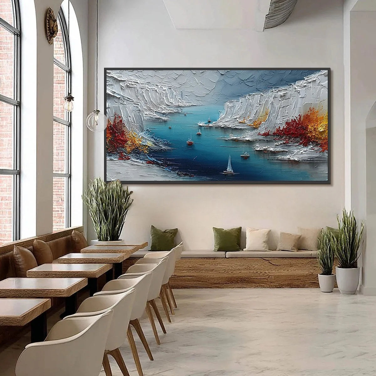 CRIMSON FJORD: Heavily Textured Palette Knife Coastal Landscape Painting | black frame version on white wall