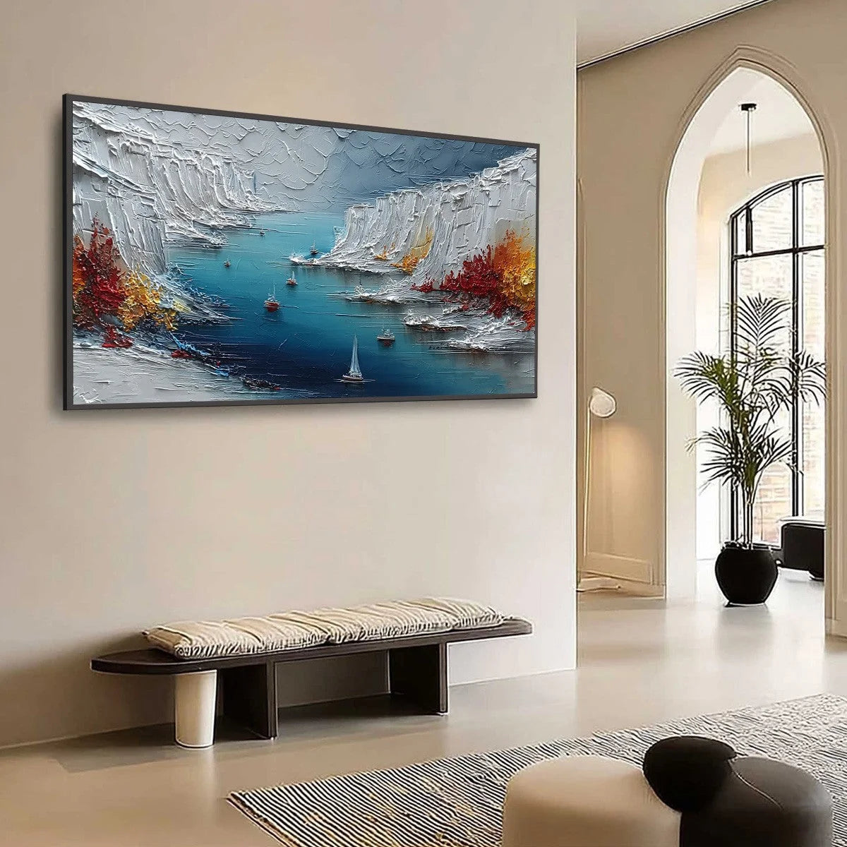 CRIMSON FJORD: Heavily Textured Palette Knife Coastal Landscape Painting | Landscape mood, soft natural light studio shot
