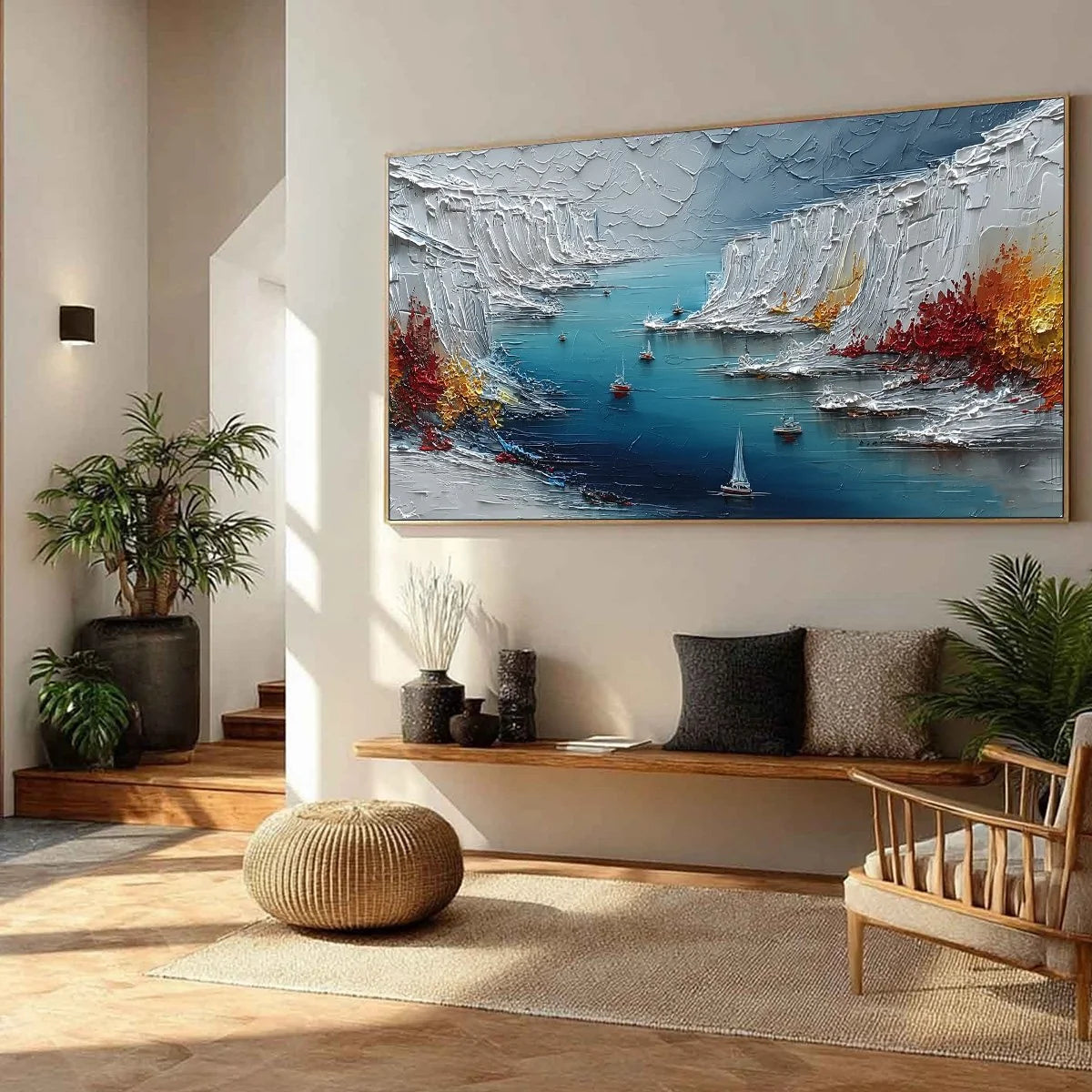 CRIMSON FJORD: Heavily Textured Palette Knife Coastal Landscape Painting | beige palette, original Hand-painted on premium stretched canvas using artist-grade oils; rich layered surface combines sm...