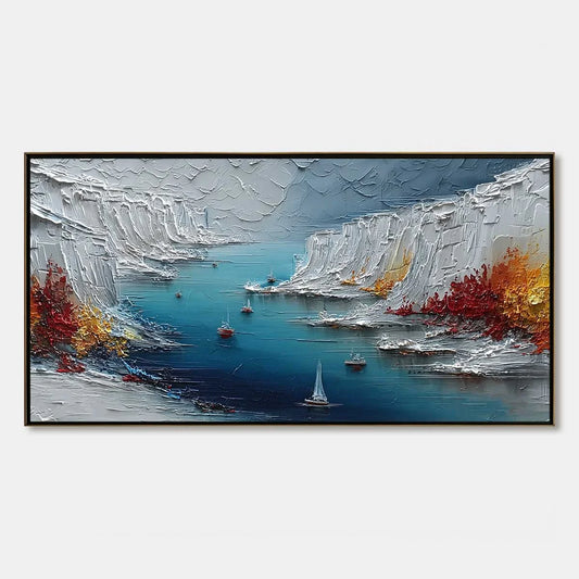 CRIMSON FJORD: Heavily Textured Palette Knife Coastal Landscape Painting | hanging in CRIMSON FJORD: Heavily Textured Palette Knife Coastal Landscape Painting featuring layered textured brushwork i...