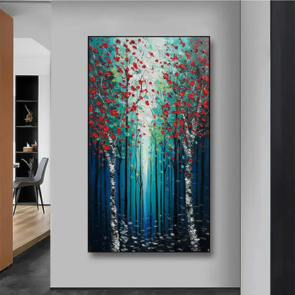 CRIMSON FOREST: Vertical Textured Impasto Painting of a Forest with Red Accents, Modern Wall Art, Blue, Green and Red | Abstract closeup, raised brushwork detail