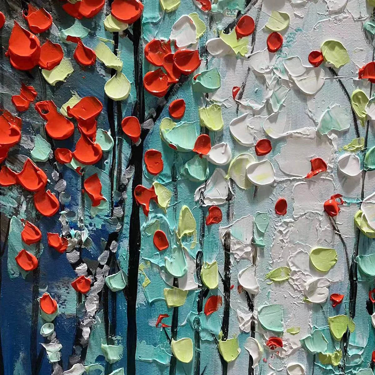 CRIMSON FOREST: Vertical Textured Impasto Painting of a Forest with Red Accents, Modern Wall Art, Blue, Green and Red | rectangular format, hand-painted canvas edge