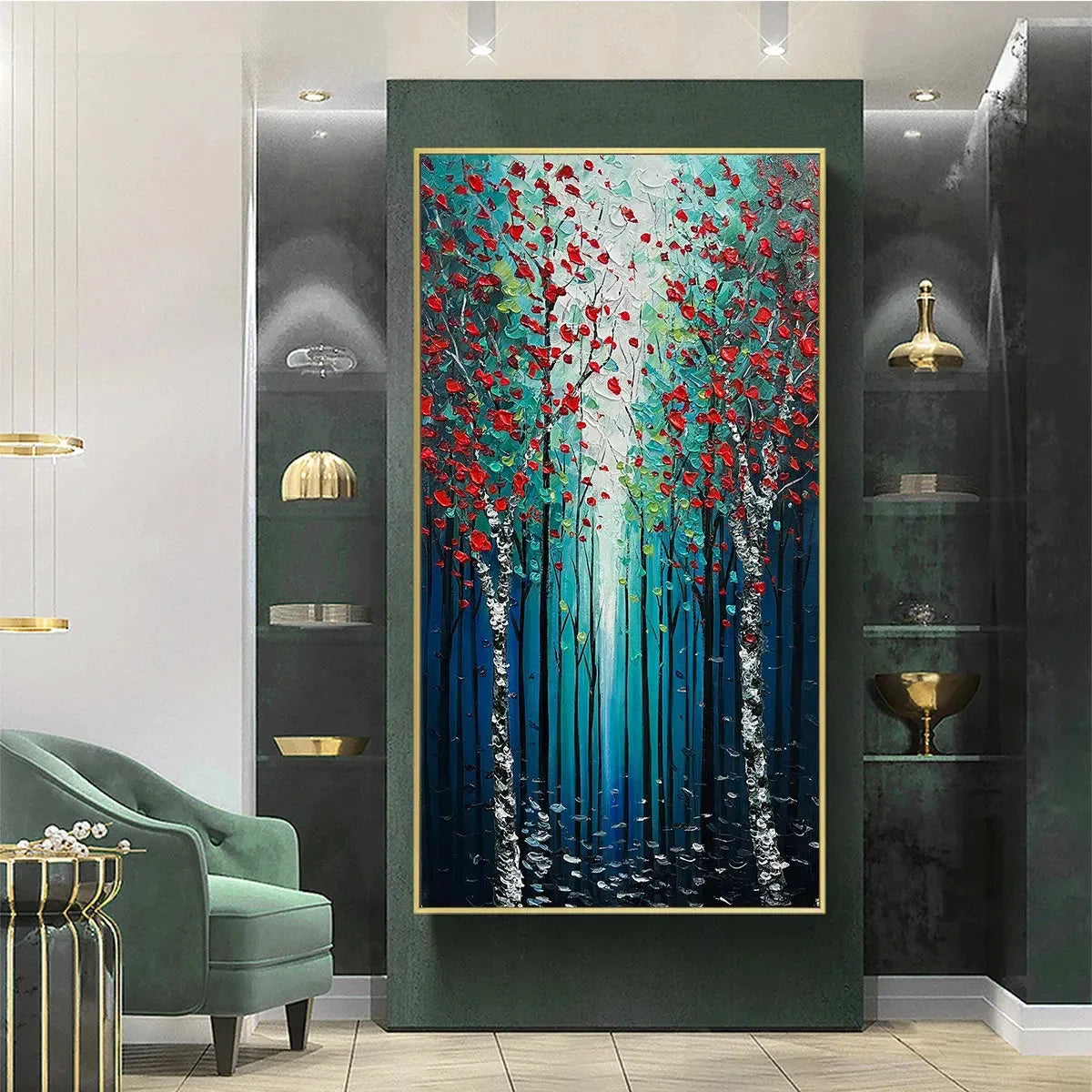 CRIMSON FOREST: Vertical Textured Impasto Painting of a Forest with Red Accents, Modern Wall Art, Blue, Green and Red | gold frame stretched on neutral wall