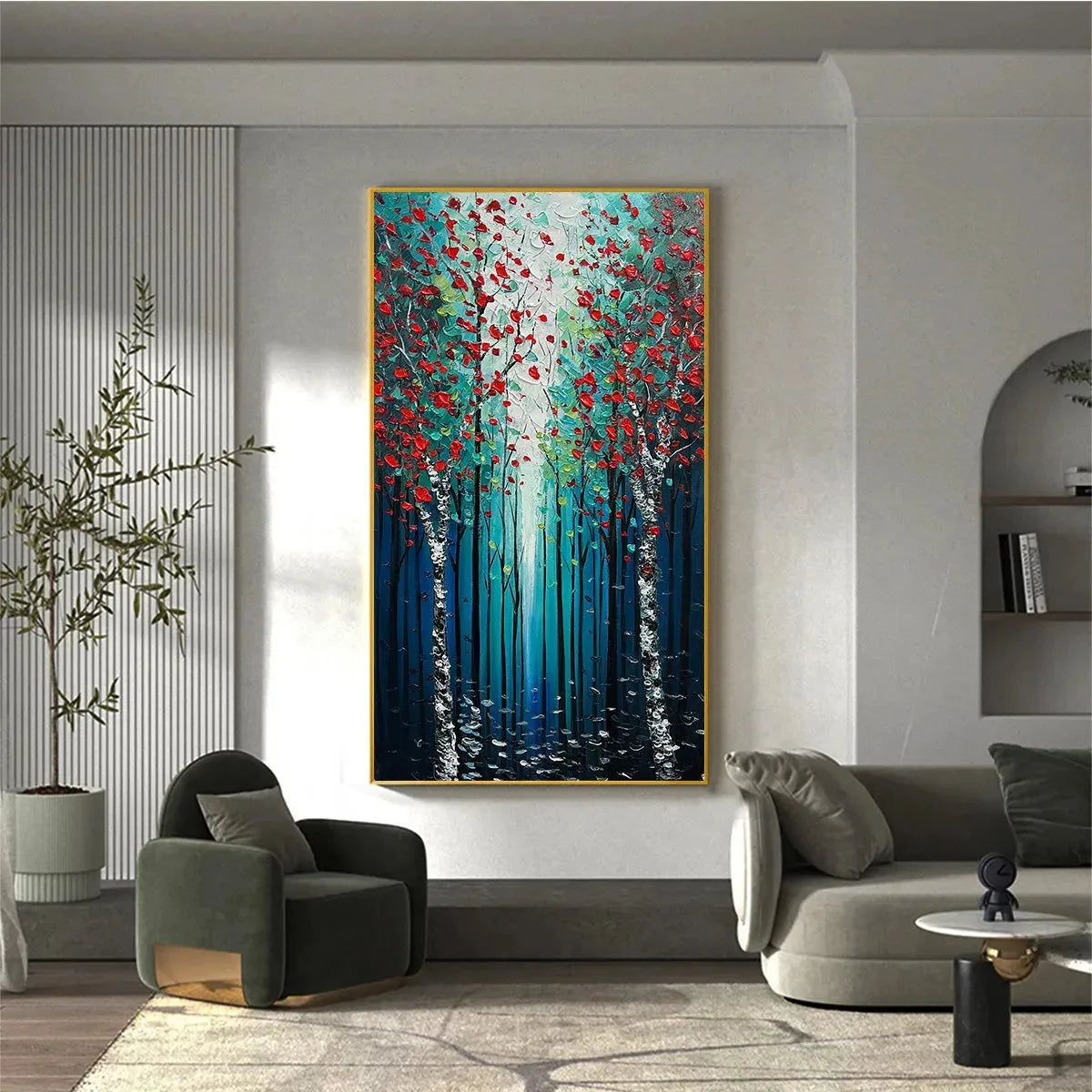 CRIMSON FOREST: Vertical Textured Impasto Painting of a Forest with Red Accents, Modern Wall Art, Blue, Green and Red | rolled canvas, ready for custom framing