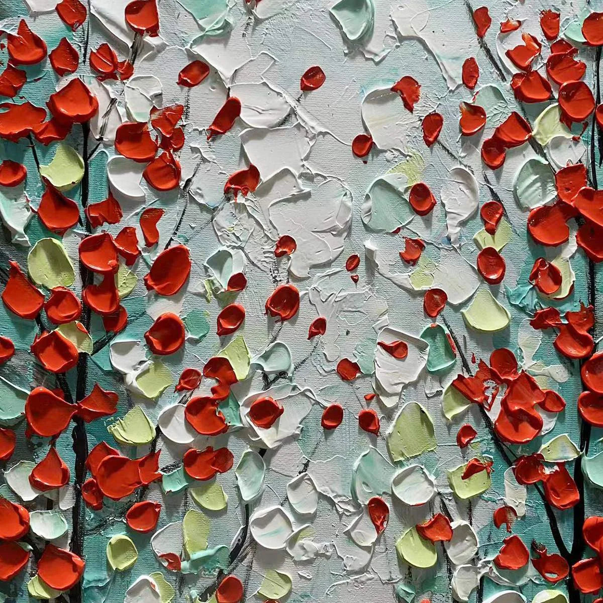 CRIMSON FOREST: Vertical Textured Impasto Painting of a Forest with Red Accents, Modern Wall Art, Blue, Green and Red | black frame version on white wall