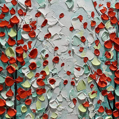 CRIMSON FOREST: Vertical Textured Impasto Painting of a Forest with Red Accents, Modern Wall Art, Blue, Green and Red | black frame version on white wall
