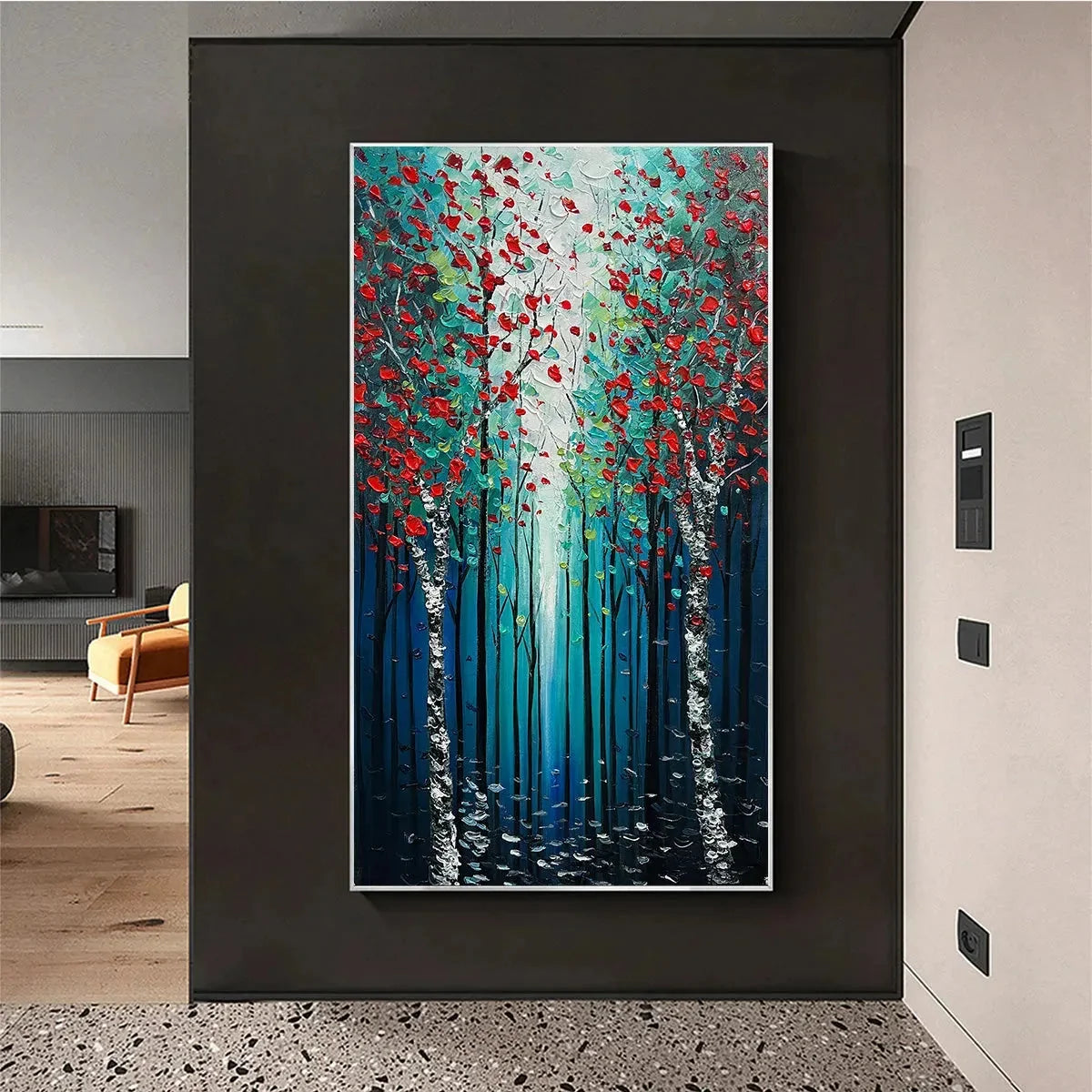 CRIMSON FOREST: Vertical Textured Impasto Painting of a Forest with Red Accents, Modern Wall Art, Blue, Green and Red | Abstract mood, soft natural light studio shot