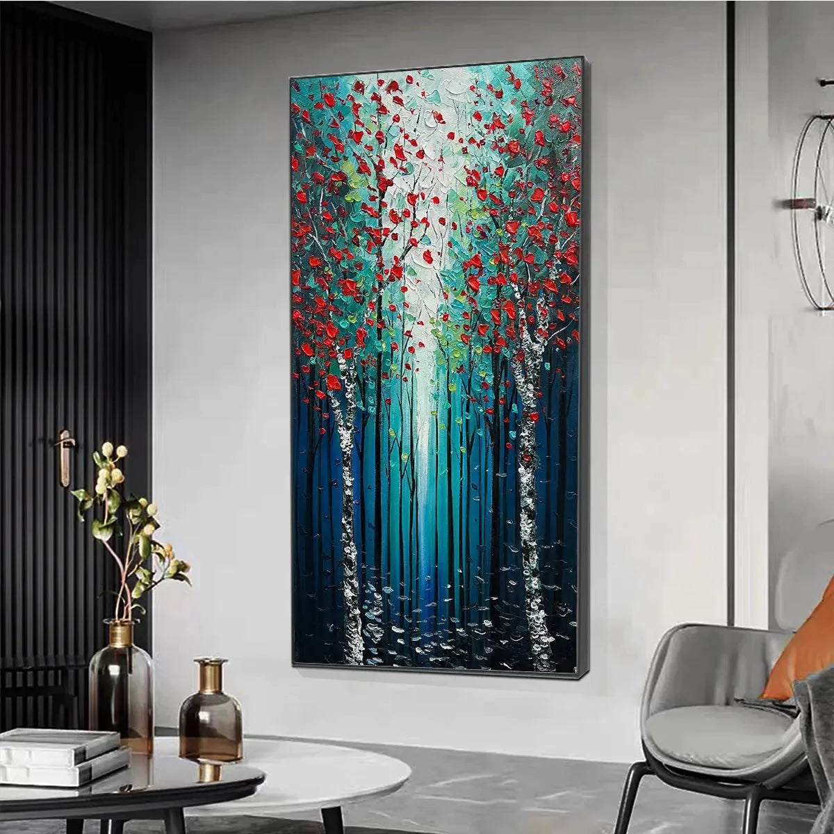 CRIMSON FOREST: Vertical Textured Impasto Painting of a Forest with Red Accents, Modern Wall Art, Blue, Green and Red | green palette, original Hand-painted on premium stretched canvas using artist...