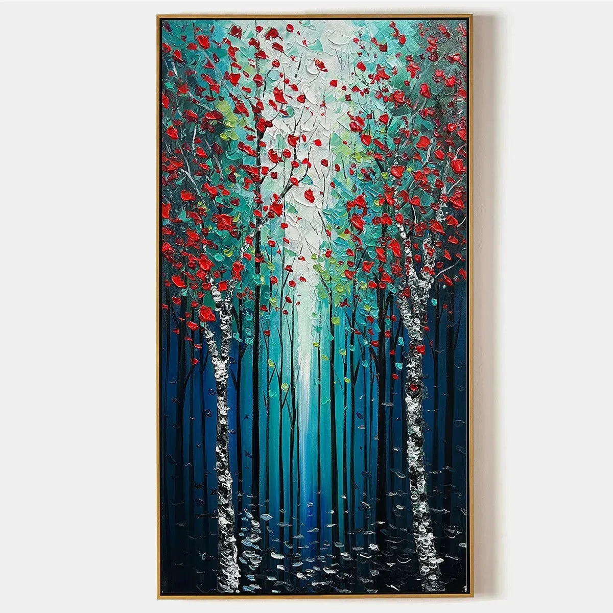 CRIMSON FOREST: Vertical Textured Impasto Painting of a Forest with Red Accents, Modern Wall Art, Blue, Green and Red | hanging in CRIMSON FOREST: Vertical Textured Impasto Painting of a Forest wit...