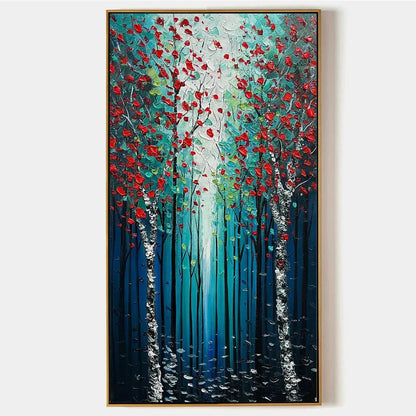 CRIMSON FOREST: Vertical Textured Impasto Painting of a Forest with Red Accents, Modern Wall Art, Blue, Green and Red | hanging in CRIMSON FOREST: Vertical Textured Impasto Painting of a Forest wit...