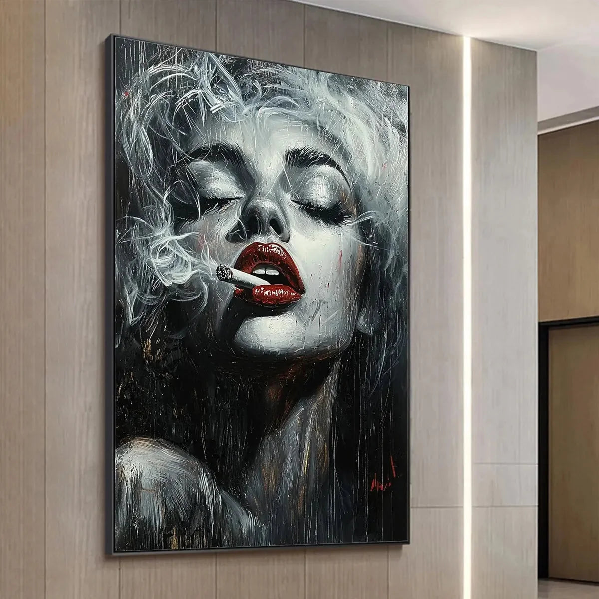 CRIMSON MUSE: Vertical Portrait Oil Painting on Canvas | gold frame stretched on neutral wall