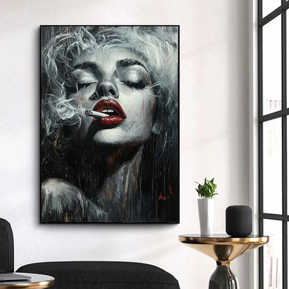 CRIMSON MUSE: Vertical Portrait Oil Painting on Canvas | black frame version on white wall