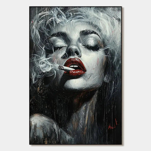 CRIMSON MUSE: Vertical Portrait Oil Painting on Canvas | hanging in CRIMSON MUSE: Vertical Portrait Oil Painting on Canvas featuring layered textured brushwork in refined tones; figurative composit...