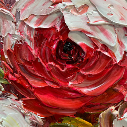 CRIMSON RHAPSODY: Impasto Red Rose Painting | rectangular format, hand-painted canvas edge
