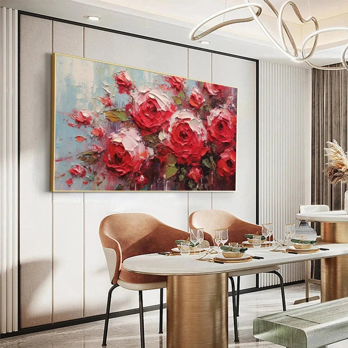 CRIMSON RHAPSODY: Impasto Red Rose Painting | gold frame stretched on neutral wall