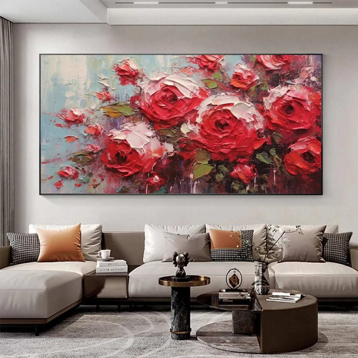 CRIMSON RHAPSODY: Impasto Red Rose Painting | black frame version on white wall