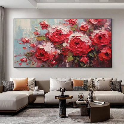 CRIMSON RHAPSODY: Impasto Red Rose Painting | black frame version on white wall