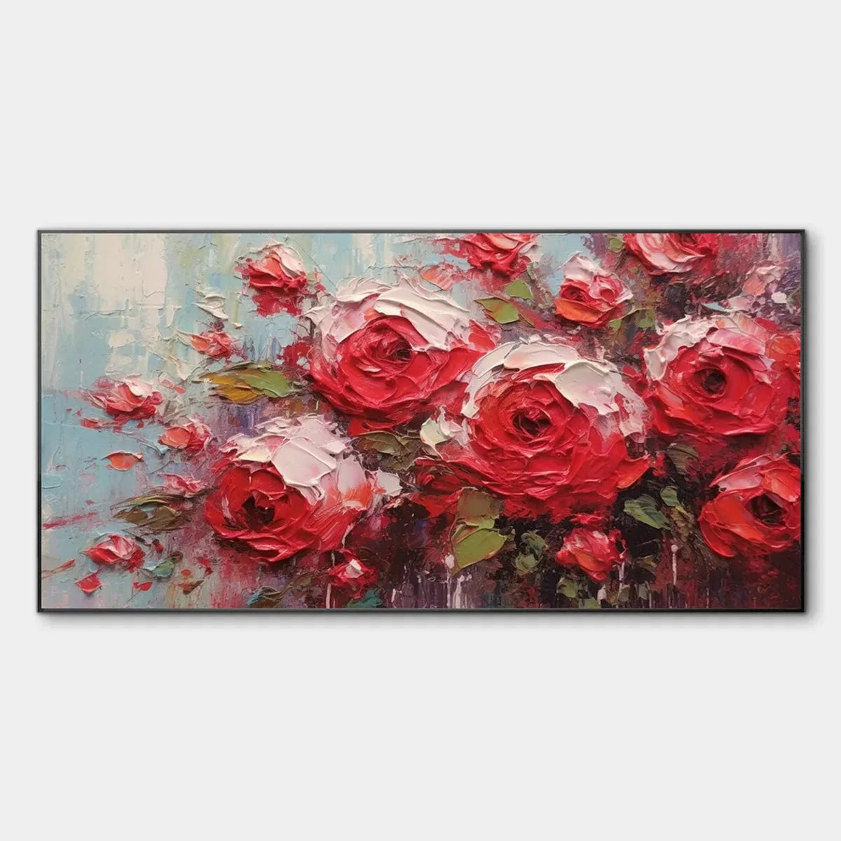 CRIMSON RHAPSODY: Impasto Red Rose Painting | hanging in CRIMSON RHAPSODY: Impasto Red Rose Painting featuring layered textured brushwork in refined tones; abstract composition with rich palette-kn...