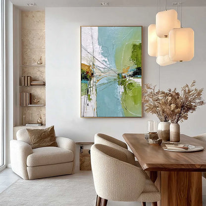 CROSSING PATHS: Large Textured Vertical Abstract Wall Art | gold frame stretched on neutral wall