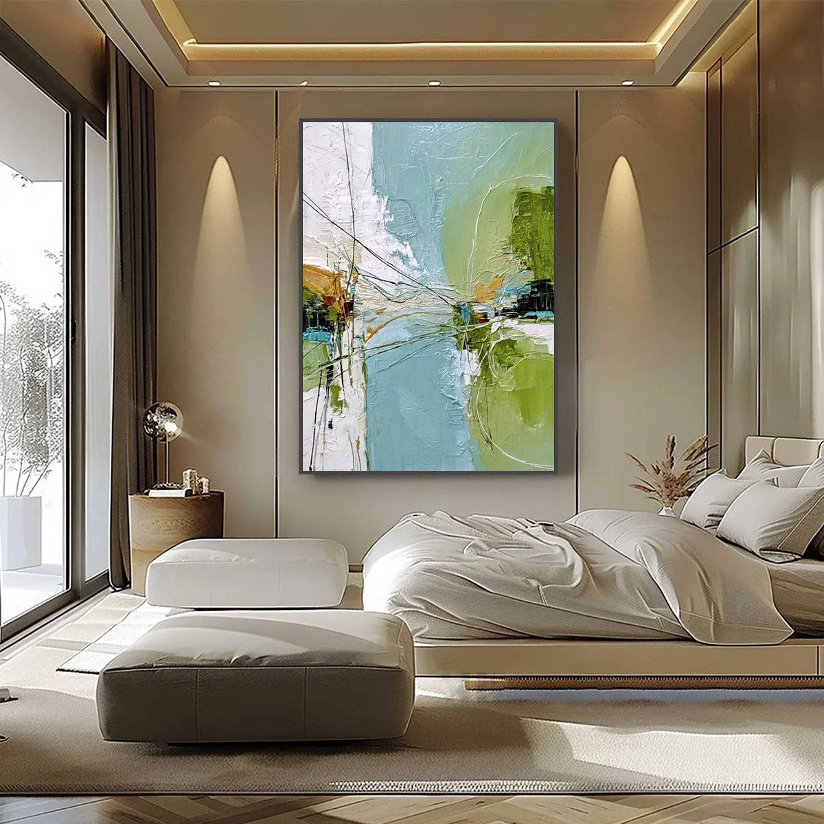 CROSSING PATHS: Large Textured Vertical Abstract Wall Art | black frame version on white wall