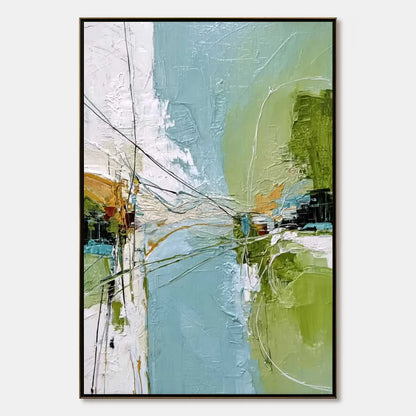 CROSSING PATHS: Large Textured Vertical Abstract Wall Art | hanging in CROSSING PATHS: Large Textured Vertical Abstract Wall Art featuring layered textured brushwork in refined tones; abstract comp...