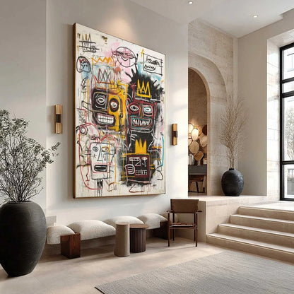 CROWNED FIGURES: Graffiti-Style Portrait Oil Painting | gold frame stretched on neutral wall