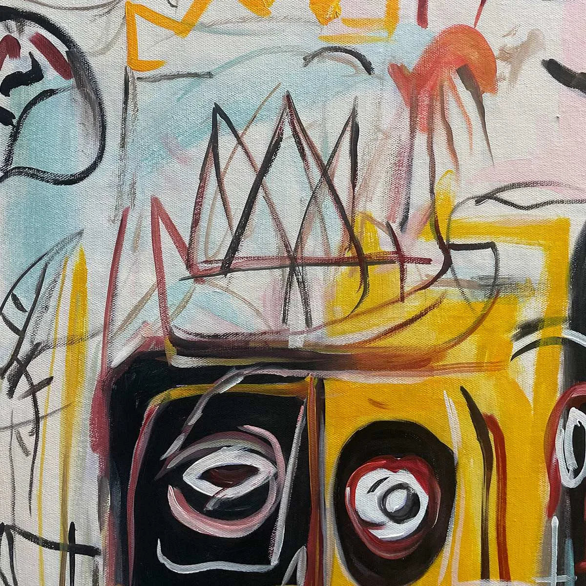CROWNED FIGURES: Graffiti-Style Portrait Oil Painting | black frame version on white wall