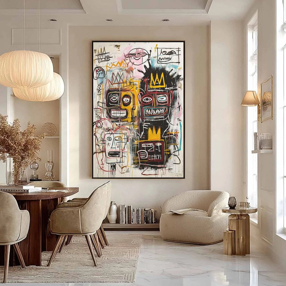 CROWNED FIGURES: Graffiti-Style Portrait Oil Painting | beige palette, original Hand-painted on premium stretched canvas using artist-grade oils; rich layered surface combines smooth gradients with...