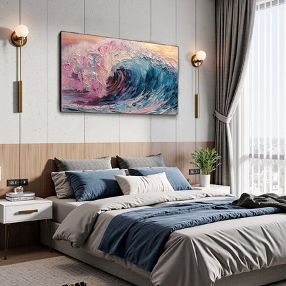 CRYSTAL CREST: Textured Impasto Ocean Wave Oil Painting | gold frame stretched on neutral wall