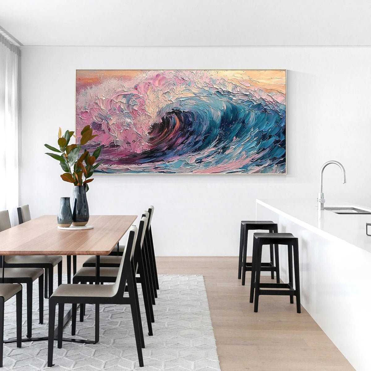 CRYSTAL CREST: Textured Impasto Ocean Wave Oil Painting | black frame version on white wall