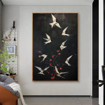 DANCING IN THE DARK: Beaded Birds and Blossoms Artwork | Abstract closeup, raised brushwork detail