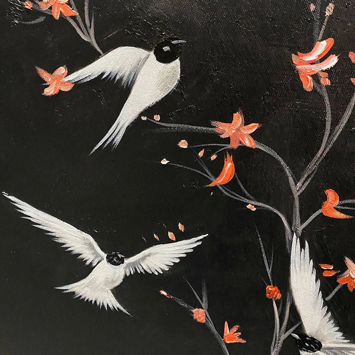DANCING IN THE DARK: Beaded Birds and Blossoms Artwork | rectangular format, hand-painted canvas edge
