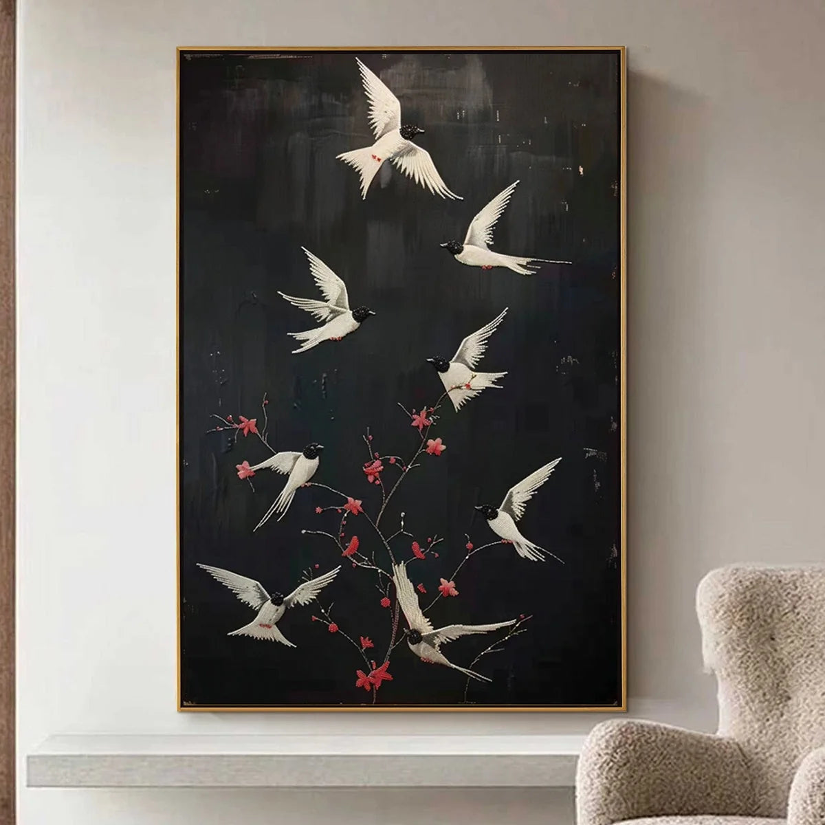 DANCING IN THE DARK: Beaded Birds and Blossoms Artwork | gold frame stretched on neutral wall