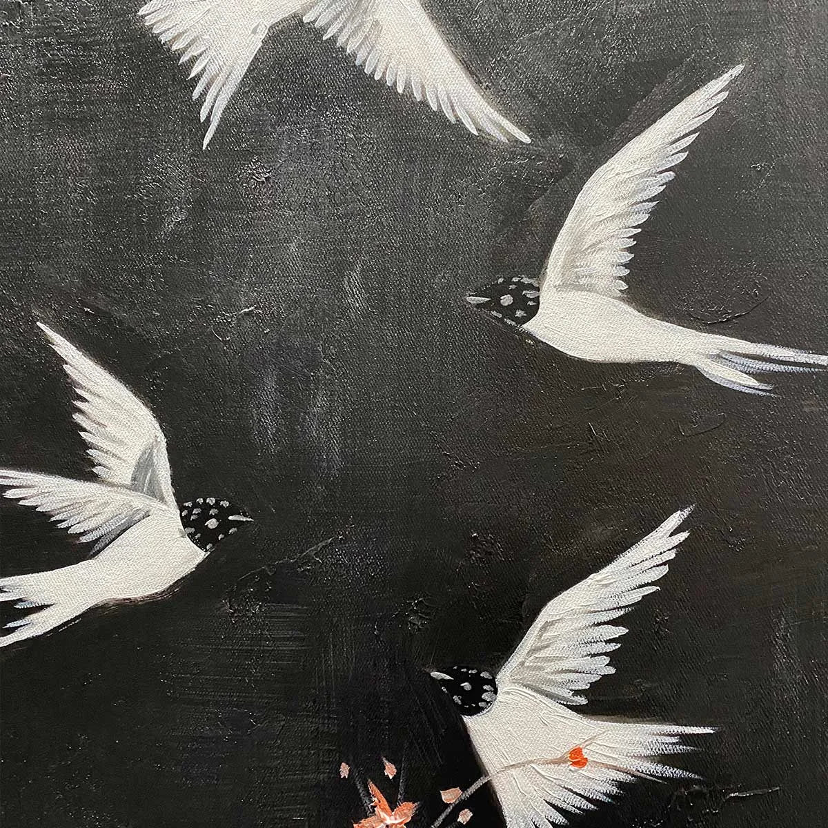 DANCING IN THE DARK: Beaded Birds and Blossoms Artwork | rolled canvas, ready for custom framing