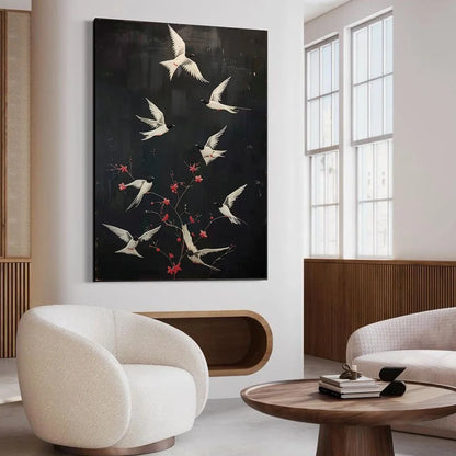 DANCING IN THE DARK: Beaded Birds and Blossoms Artwork | black frame version on white wall