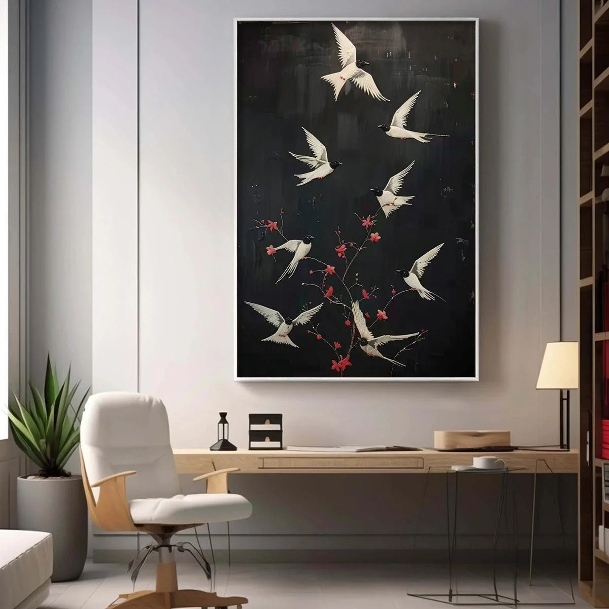 DANCING IN THE DARK: Beaded Birds and Blossoms Artwork | Abstract mood, soft natural light studio shot