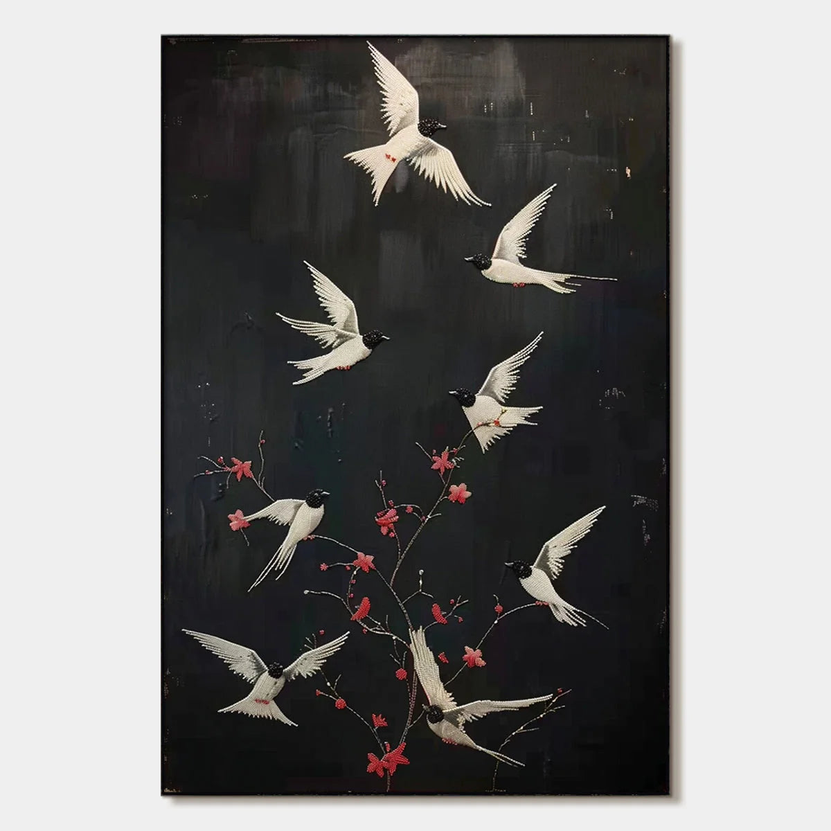 DANCING IN THE DARK: Beaded Birds and Blossoms Artwork | hanging in DANCING IN THE DARK: Beaded Birds and Blossoms Artwork featuring layered textured brushwork in refined tones; abstract compositio...