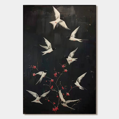 DANCING IN THE DARK: Beaded Birds and Blossoms Artwork | hanging in DANCING IN THE DARK: Beaded Birds and Blossoms Artwork featuring layered textured brushwork in refined tones; abstract compositio...